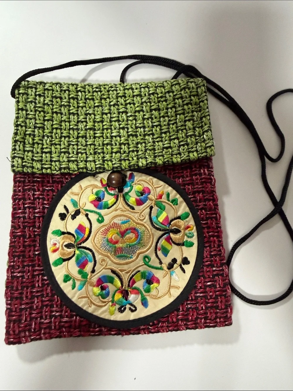 Handwoven Green and Burgundy Embroidered Crossbody Bag